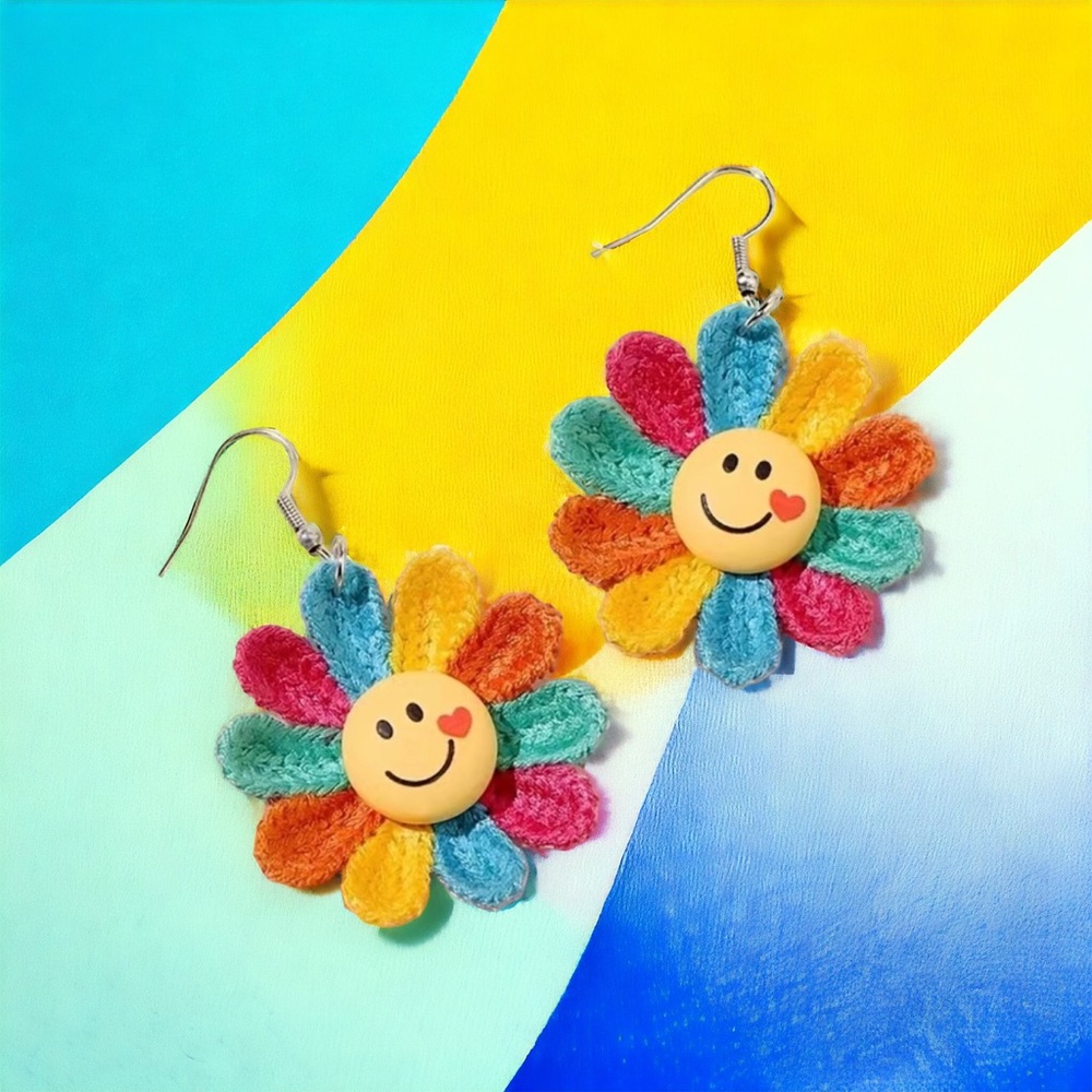 Rainbow Color Sunflower Smiling Face‎ Design Dangle Earrings Cute Knit St…